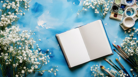 A creative workspace with an open sketchbook on a blue watercolor background, surrounded by brushes, paints, and delicate white and blue flowers, evoking artistic inspiration.の素材
