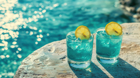 Refreshing turquoise cocktails with lemon slices placed on a textured table by the seaside, capturing the essence of a stylish and relaxing summer experience.の素材