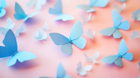A dreamy scene of delicate blue paper butterflies scattered across a pastel-colored background, evoking a whimsical and airy ambiance of freedom.の素材