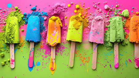 Popsicle-like mounds of Holi color powders on table, artistic take on festival celebrationの素材