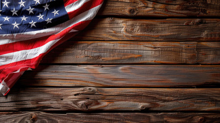 Textured wooden background with a crisp American flag, celebrating July 4th in a classic Americana styleの素材