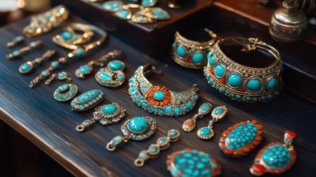 A display of exquisite turquoise jewelry on a dark wooden surface, with coral highlights, creating a beautiful and artisanal collection.の素材