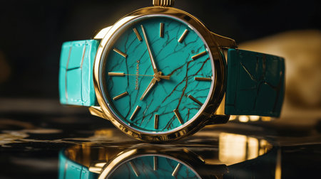 A stunning turquoise watch featuring a glossy finish and gold accents, exuding luxury and perfect for adding style and refinement to any special event.の素材