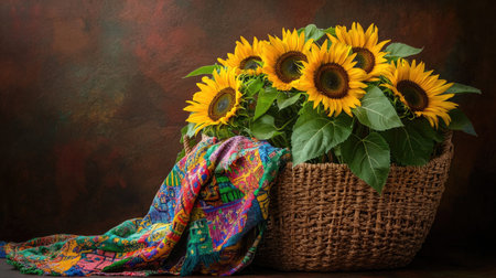 A close-up of bright sunflowers in a straw basket with cloth beneathの素材