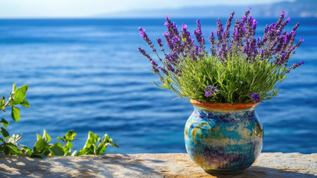 A burst of purple lavender by the ocean in a colorfully glazed potの素材
