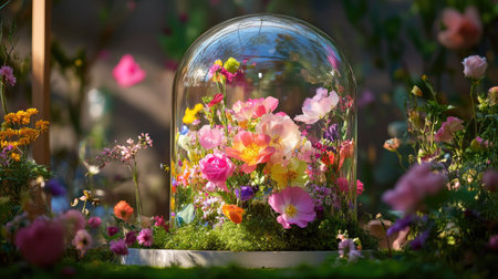 A romantic floral display captured under a glass dome, evoking timeless spring charmの素材