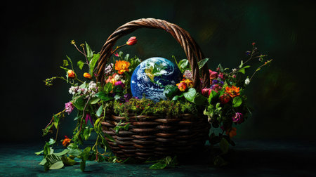 A beautiful woven basket filled with blooming flowers, vines, and a miniature planet Earth nestled insideの素材