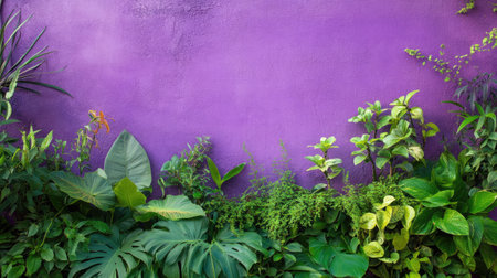 A lively scene of greenery contrasting with a vibrant purple wallの素材