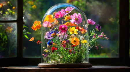 A dome of wonder: vivid spring flowers encased in a delicate glass dome on a vintage tableの素材
