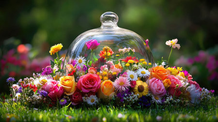 A mix of roses, daisies, and wildflowers displayed beautifully under a glass bell jarの素材