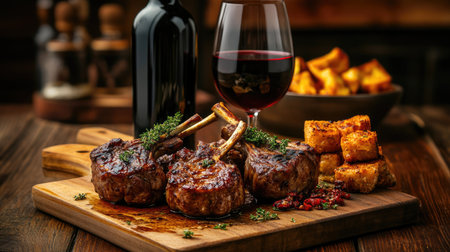 Elegant food shot: roasted lamb chops garnished with thyme and served with red wineの素材