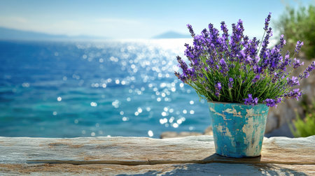 Sunlit lavender bouquet in a painted pot with sparkling sea backdropの素材