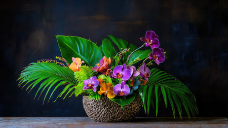 Artistic tropical floral composition in a rustic basket, featuring orchids and palm leavesの素材