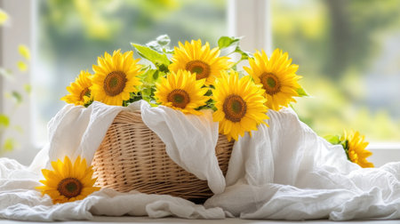 A close-up of bright sunflowers in a straw basket with cloth beneathの素材
