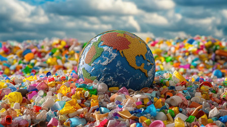 A toy Earth slowly sinking into a pile of colorful plastic waste, visualizing pollution crisisの素材
