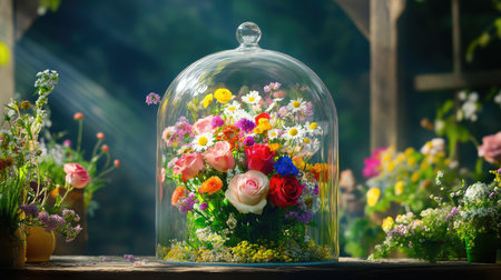A mix of roses, daisies, and wildflowers displayed beautifully under a glass bell jarの素材