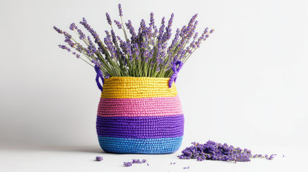 Aromatic lavender arranged in a colorful basket against a white backdropの素材