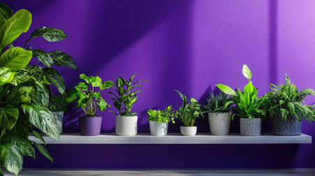 Contemporary plant display with deep purple backdrop in natural lightの素材