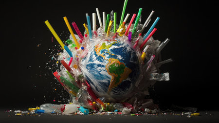 A globe trapped in plastic wrap, surrounded by straws and wrappers, depicting suffocating pollutionの素材
