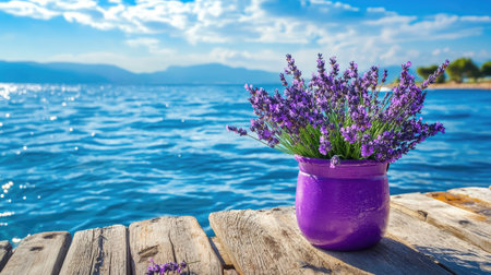 Colorful pot holding lavender blooms on a dock beside the seaの素材