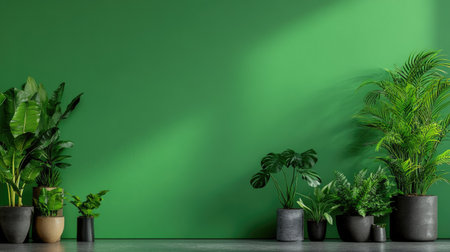 Green-themed design with potted plants arranged for visual harmonyの素材