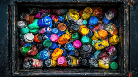 Artistic capture of recyclable caps nestled in a black bin, highlighting sustainable choicesの素材