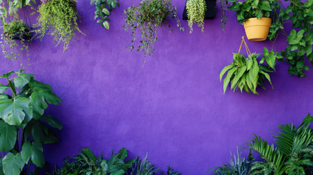 A lively scene of greenery contrasting with a vibrant purple wallの素材