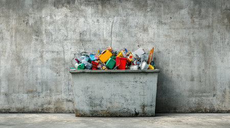 Industrial concrete bin used for community recycling, filled with various itemsの素材