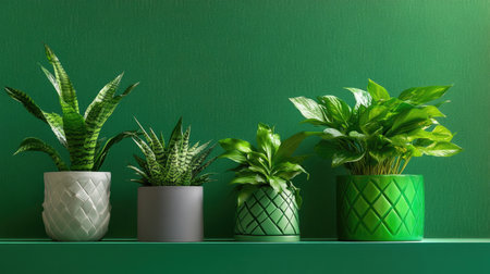 Balanced display of three houseplants in geometric pots with green backdropの素材