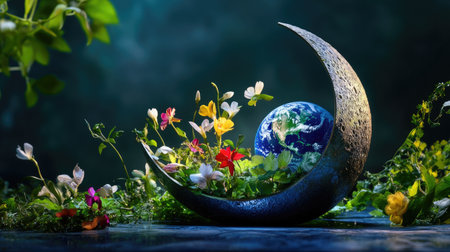 Earth sits gently in a metallic moon-shaped holder with blooming flowers draping over its curve, ethereal backdropの素材