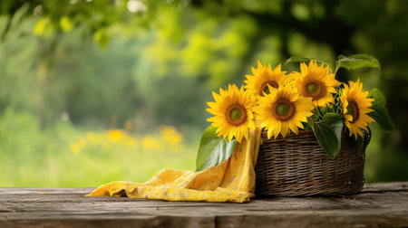 Country-style table setting with sunflowers in a wicker basket on fabricの素材