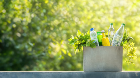 Clean and organized recyclable items inside a gray concrete bin outdoorsの素材