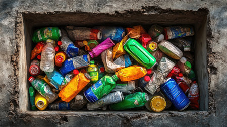 Assorted recyclables in a rough concrete container, symbolizing urban recycling systemsの素材