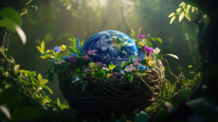 A symbolic planet Earth nested in a flower-filled basket with delicate vines and soft lightingの素材