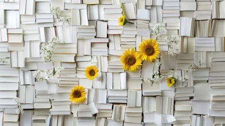 Sunflowers piercing through a tower of white books, expressing growth through knowledgeの素材