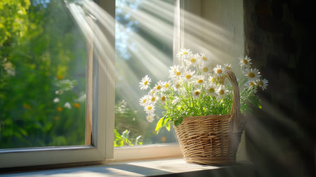 Morning light filtering over a basket of daisies on a kitchen windowsillの素材