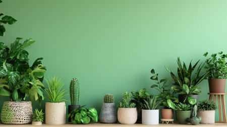 Houseplant collection with leafy textures against a pastel green wallの素材