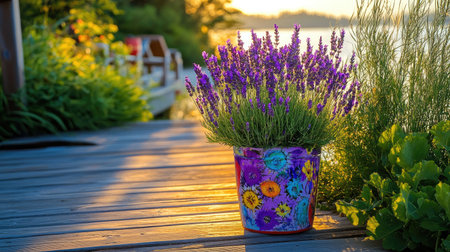 Bright purple lavender in a colorful pot by a coastal boardwalkの素材