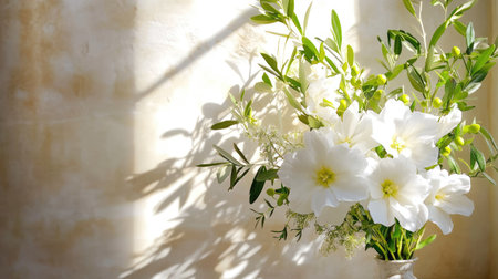 Gentle bouquet with soft white petals and olive sprigs, evoking calm and purityの素材