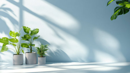 Light and airy scene with three plants on a pale blue backgroundの素材