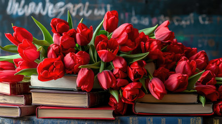 Blossoming red tulips rooted in literature--books stacked with tulips blooming from withinの素材