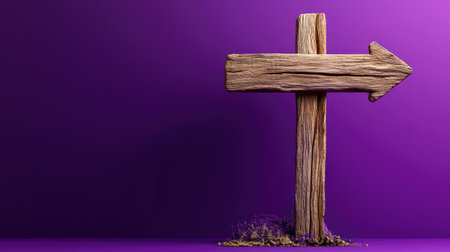 Sign with left and right pointers crafted in wood, centered on purple gradientの素材