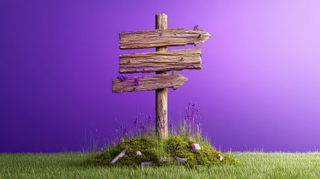 Clean and minimal wooden signpost with dual arrows shown vividly on purpleの素材