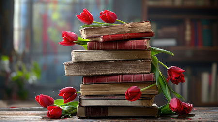 Stack of books with red tulips blossoming from their spines, art and knowledge meetの素材
