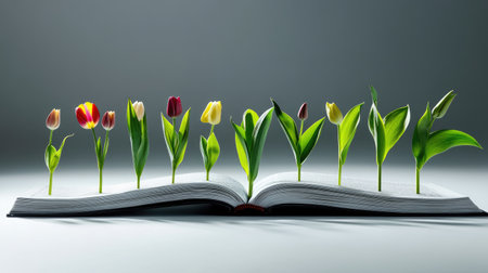 Surreal image of tulips growing between pages of a book stack on a bright white stageの素材