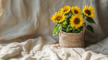 Fresh-picked sunflowers in a natural woven basket over textured clothの素材