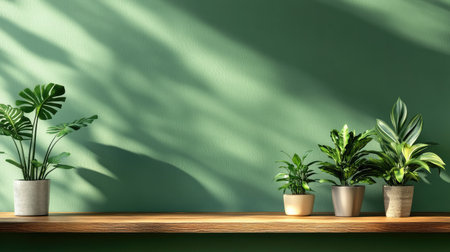 Indoor plant trio on a shelf with calming green paint in the backgroundの素材