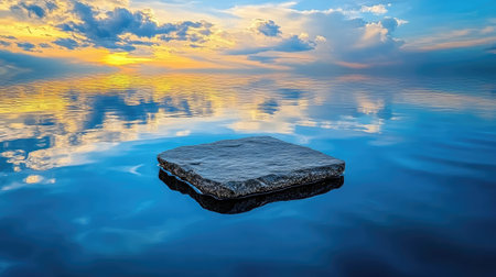 A lone stone platform floats peacefully on rippling water, silhouetted against a dramatic sunset, evoking solitude, reflection, and zenの素材