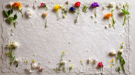 Flat lay of small flower blossoms atop a lace mat, styled for a nostalgic toneの素材