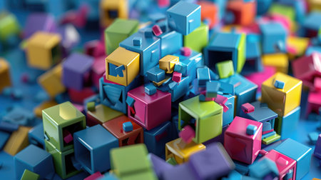 Interlocking cube design with vibrant colors and depth, futuristic and mathematical feel,の素材